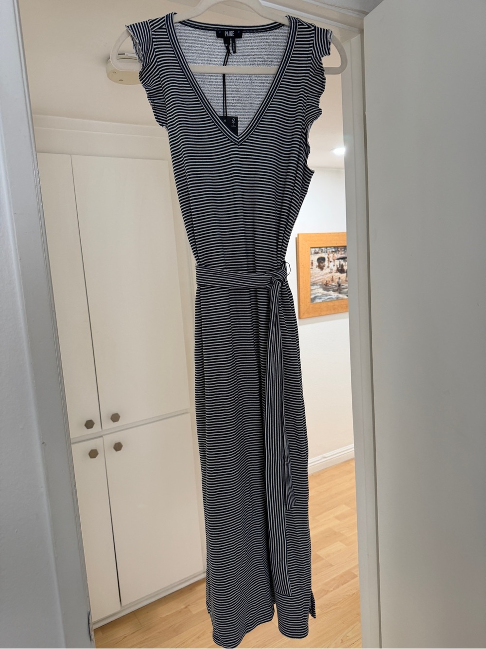 NWT PAIGE Navy & White Striped V-Neck Belted Maxi Dress